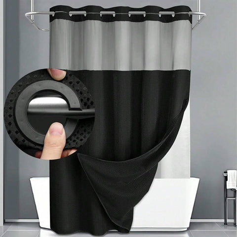 1PC Waffle Double Woven Shower Curtain, No Hook, Clear Top Window Hookless Shower Curtain With Snap Lined Waffle Shower Curtain Hotel Style Double Layer Machine Washable And Easy To Clean Bathroom Partition 72" X 75".