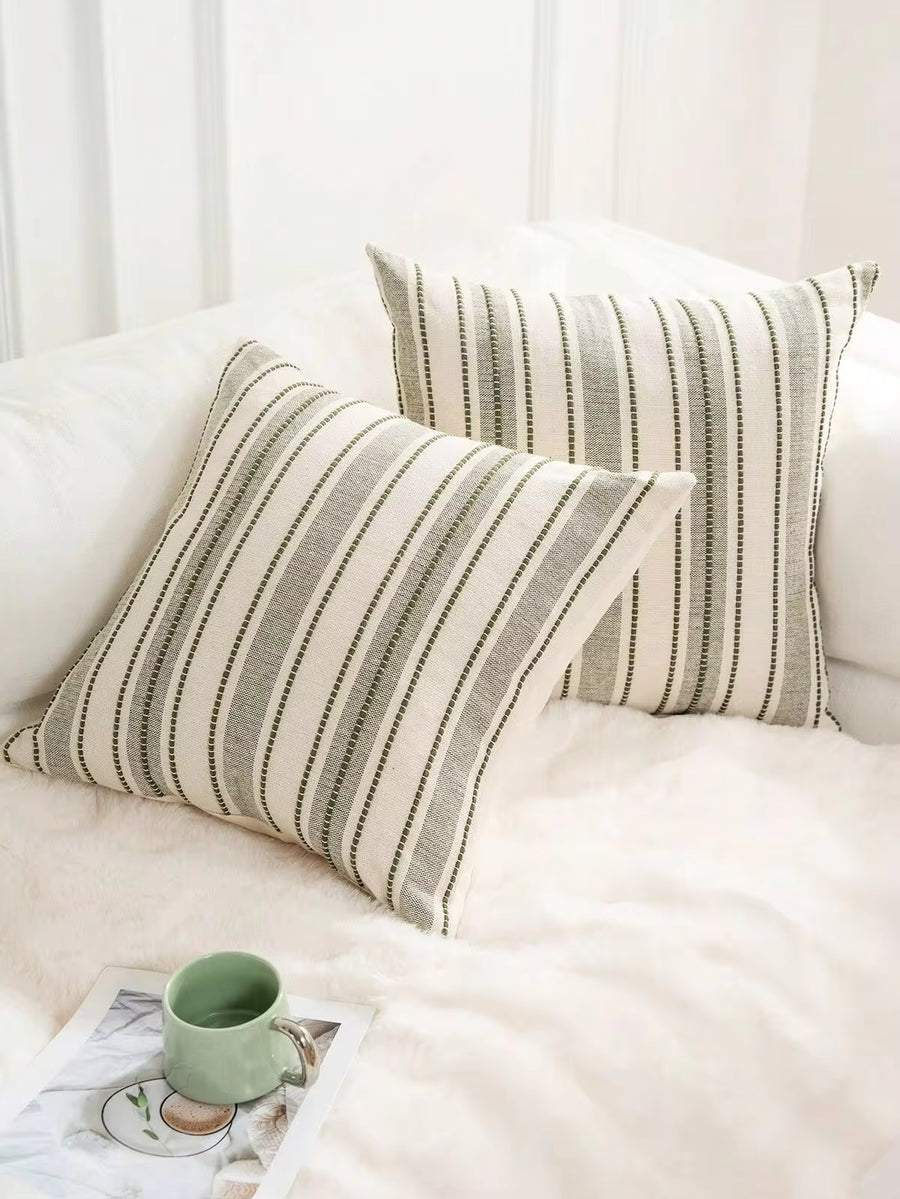 Decorative Bohemian Style Throw Pillow Cover, Farmhouse Texture Cushion Cover, 18 X 18 Inches, Suitable For Chairs, Sofas, Bedrooms, Living Rooms And Home Decor, Olive Green And Beige Striped (1 Piece, 2 Pieces Optional)