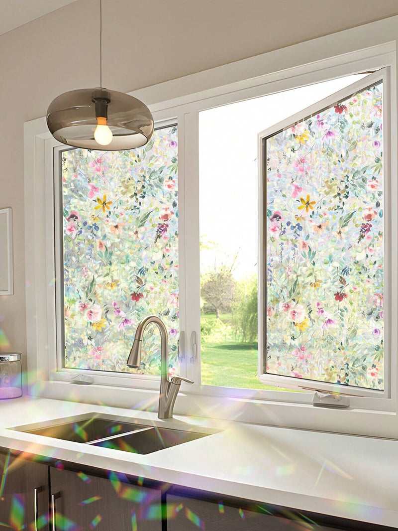 Window Film, 19.6*39.3 Inches, Window Sticker, Decorative Window Film, Floral Window Sticker, Static Adhesion Window Sticker, Glue-Free, Laser, Glitter