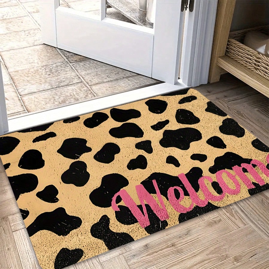 Western Cowboy Cow Texture "Welcome" Font Floor Mat Welcome Door Mat Featuring Suitable All Seasons Suitable Kitchens Bathrooms Laundry Rooms Corridors Balconies Outdoor Indoor Balcony Doors Entrance Floor Mats Halloween Christmas Graduation