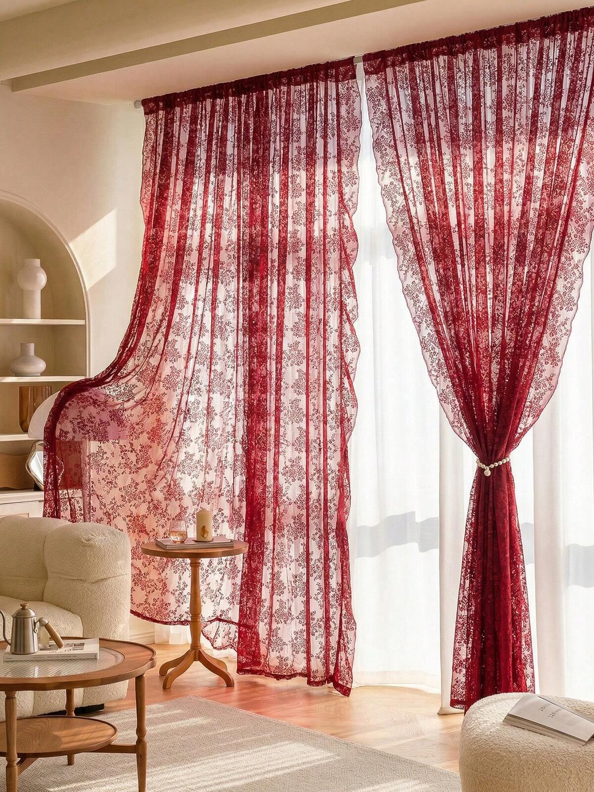 1pc French Countryside Floral Lace Trim Curtain Sheer For Living Room, Bedroom, Dining Room Decor