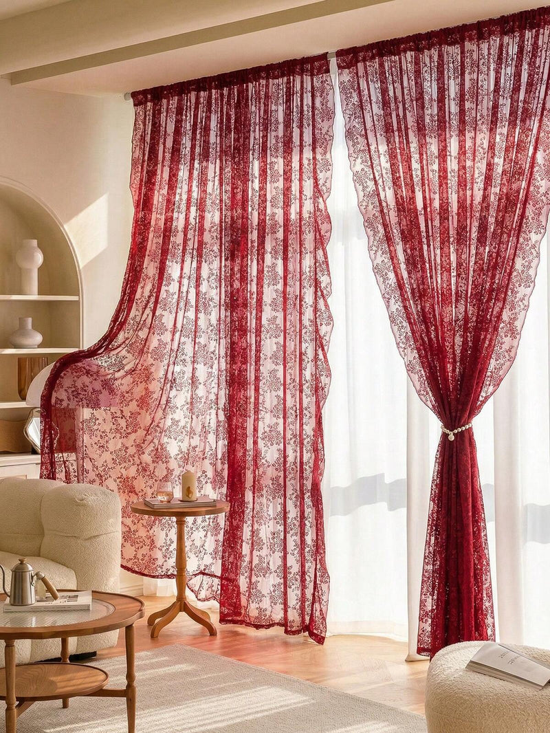 1pc French Countryside Floral Lace Trim Curtain Sheer For Living Room, Bedroom, Dining Room Decor