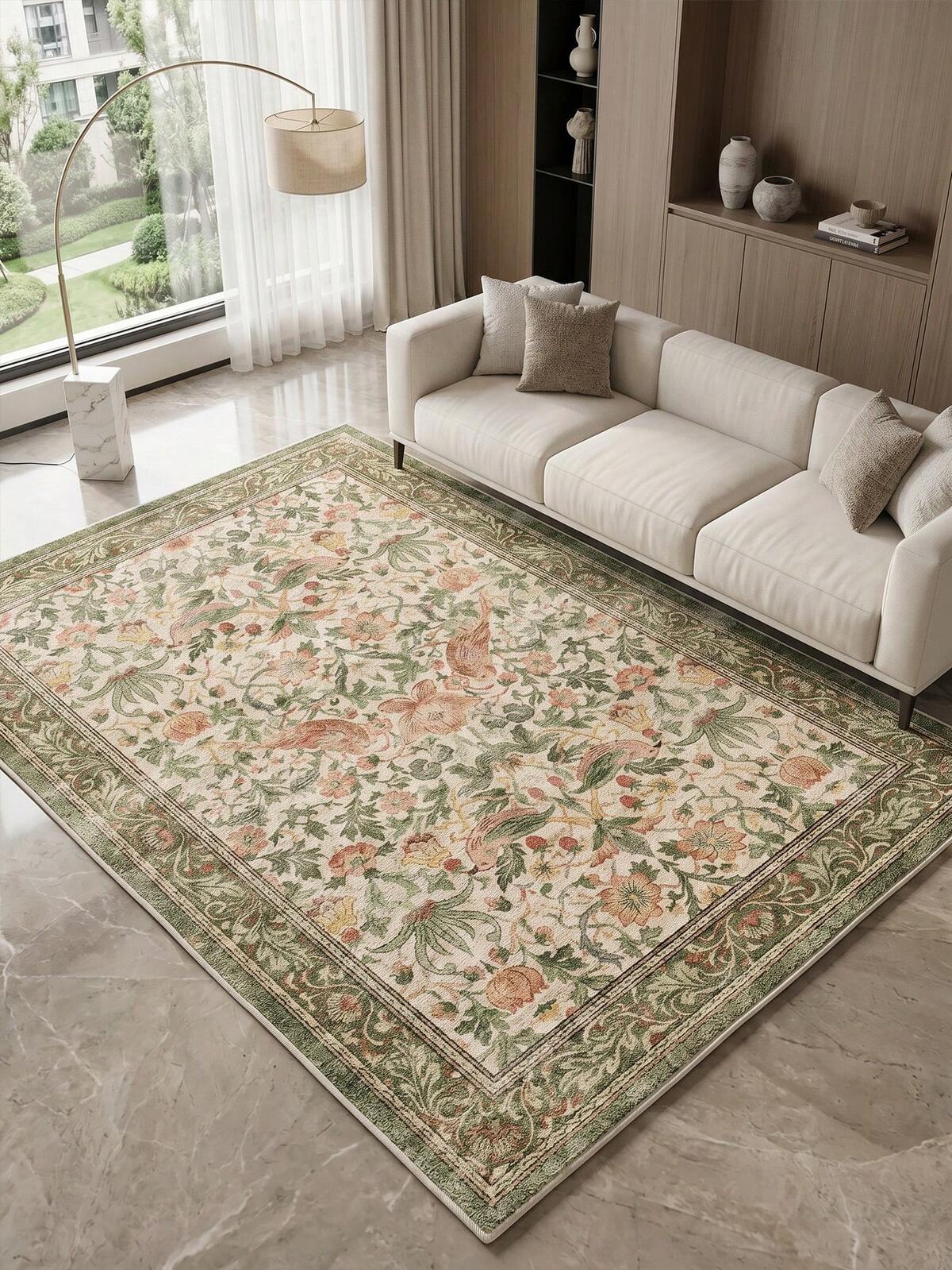 1pc Green Floral & Bird Pattern Living Room Rug, Suitable For Kitchen, Dining Room, Bedroom, Room Holiday Decor, Indoor/Outdoor, Office, Lobby, Anti-Slip Doormat, Bathroom Rug, Hallway, Study, Gaming Area