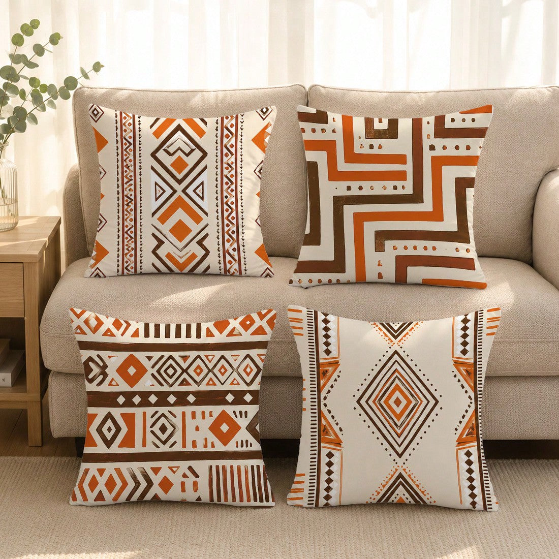 4pcs Minimalist Daily Geometric Texture Cushion Covers, Single-Sided Printed Peach Skin Polyester Material, 45*45CM/18*18inch Pillow Covers Suitable For Room Decor, Modern Minimalist Sofa Living Room Decoration, Gift Giving, Party Decoration