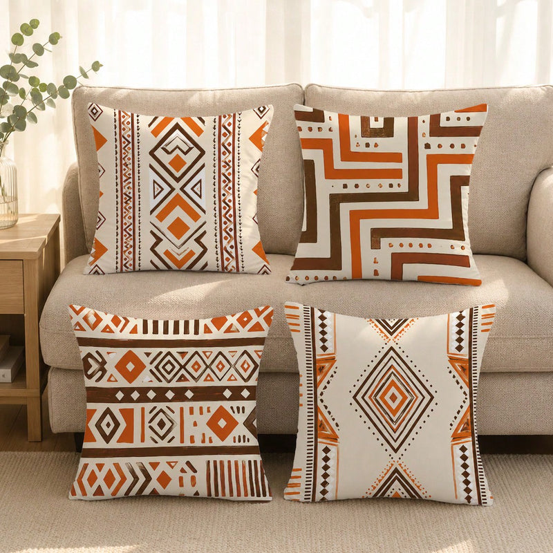 4pcs Minimalist Daily Geometric Texture Cushion Covers, Single-Sided Printed Peach Skin Polyester Material, 45*45CM/18*18inch Pillow Covers Suitable For Room Decor, Modern Minimalist Sofa Living Room Decoration, Gift Giving, Party Decoration